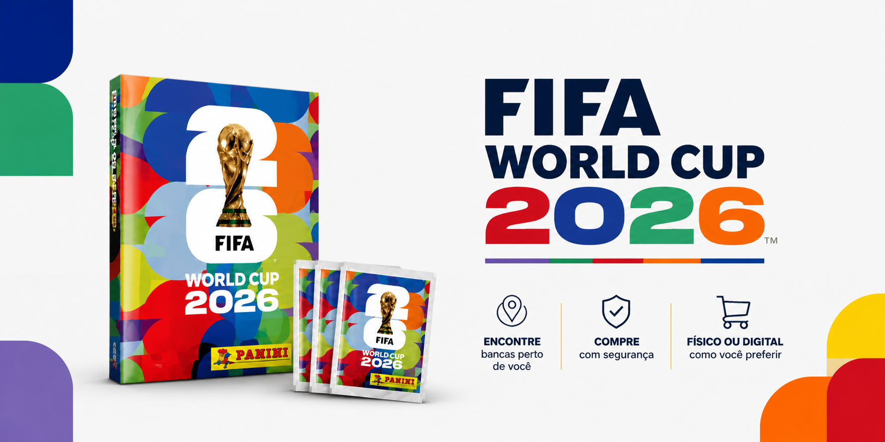 Álbum e figurinhas FIFA World Cup 2026 com chamada para encontrar bancas perto de você