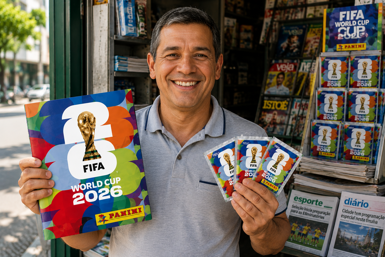 Jornaleiro segurando álbum e pacotes de figurinhas da Copa 2026 em uma banca